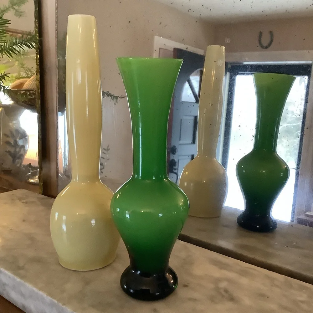 Collection of 2 Vintage MCM Green Yellow Hues Bud Vases Japan